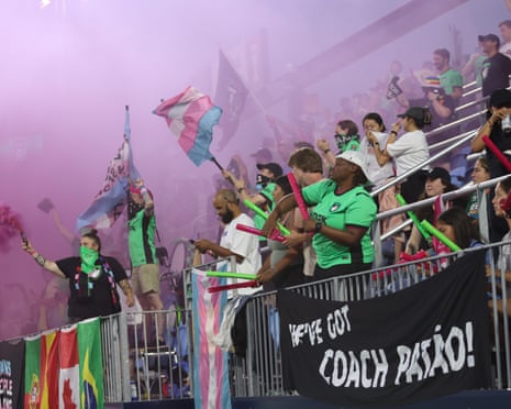 Members of the Boston Legacy supporters' section wave flags and chant during a game at Centreville Bank Stadium in Pawtucket, Rhode Island.