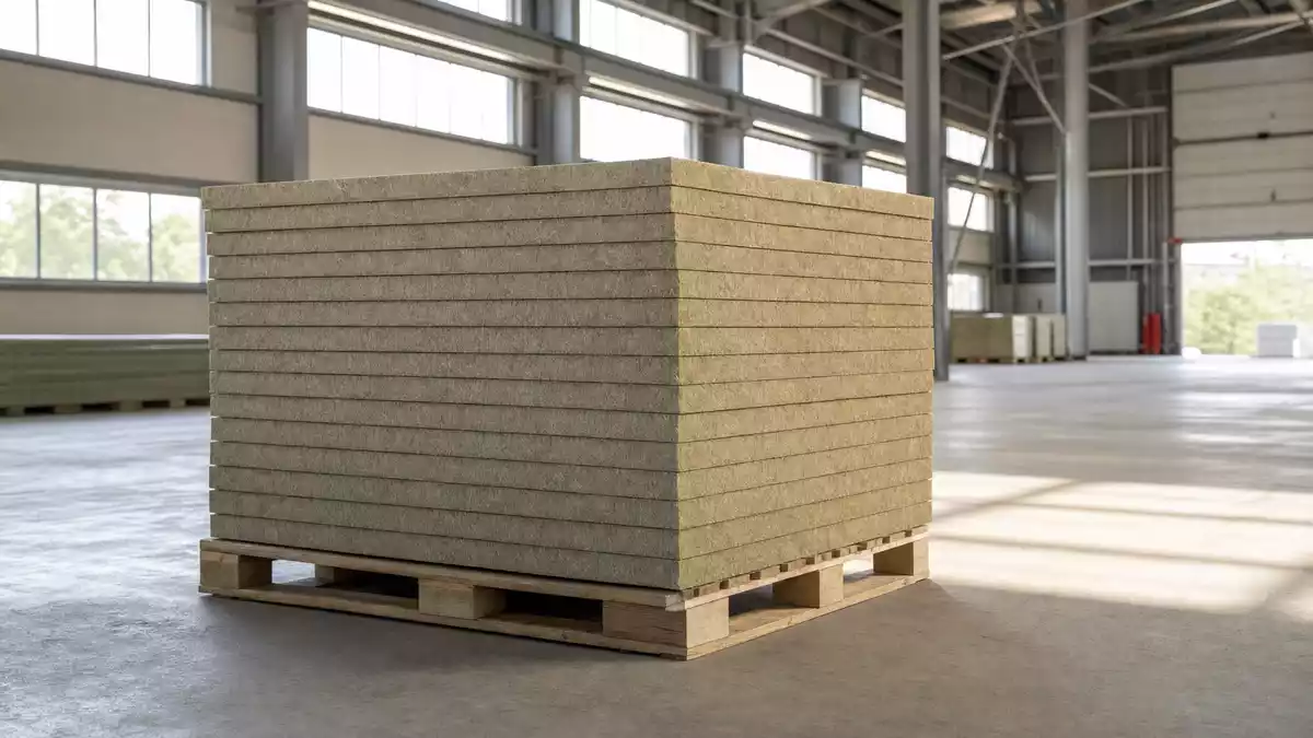 Stapel grau-beiger Steinwolle-Dämmplatten auf Holzpalette in Industriehalle